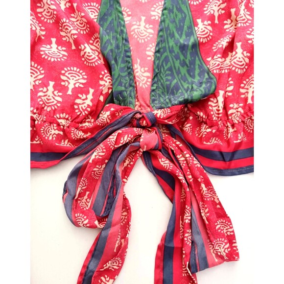 Boho Block Print Tie Front Crop Top Wide Flare Sleeves Plunge Neck Sz S/M - Picture 3 of 6